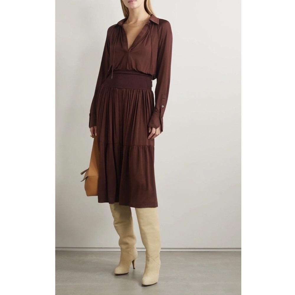 NEW A.L.C. Conrad Dress Women's Size medium Brown Long Sleeve Midi Tiered